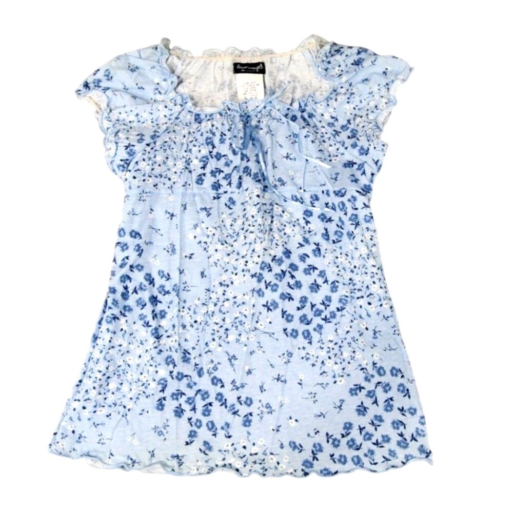 American Girl Shirt Girls XL Blue Floral Ruffle Scoop Neck Belted Tee Top USA